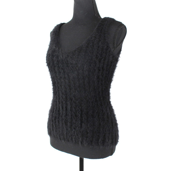 Chanel Angora Tank Cardigan Set CC Black Wool Ribbed Swater Knit 2 Pc Set Sz 40 - Picture 3 of 11